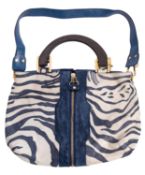 Jimmy Choo, A leather and calf hair blue and cream zebra striped handbag, with gold toned hardware,