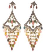 A pair of impressive diamond and tourmaline chandelier earrings, each earring of bi-coloured metal,