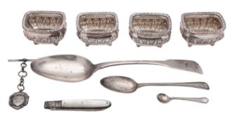A small mixed lot of silver, to include a set of four salts, a tablespoon, initialled, a teaspoon,