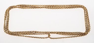 A long guard chain, of belcher style links, no clasp, unmarked yellow metal, length approx. 146.