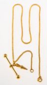 A watch chain with T-bar, a woven link chain to T-bar and swivel clasp, unmarked yellow metal,