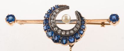 A Victorian sapphire, diamond and pearl crescent moon brooch,