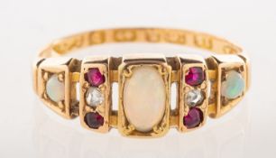 A Victorian 15ct gold opal, ruby & diamond ring,