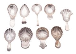 Six silver caddy spoons, in varying styles, some initialled, mixed makers & dates,