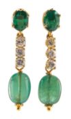 A pair of diamond and green gemstone set drop earrings,
