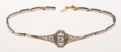 An Art Deco diamond and emerald bracelet,