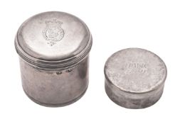 A George III small cylindrical silver toilet box & cover, with reeded borders, crested,