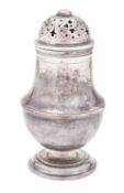 A George II North-Country provincial silver pepper caster, baluster form, with a bun cover,