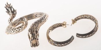 John Hardy, A Naga dragon bangle and a pair of hoop earrings,