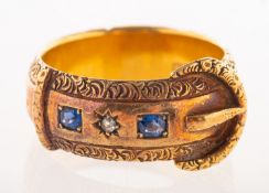 A Victorian 18ct gold sapphire and diamond buckle ring,