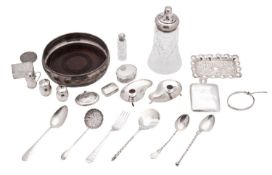 Miscellaneous silver etcetera, comprising of a mounted wooden wine coaster,