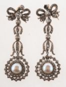 A pair of antique diamond and pearl drop earrings, (possibly late Georgian/early Victorian),