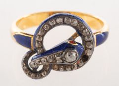 A Victorian diamond and enamel snake ring,
