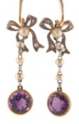 A pair of Victorian amethyst, pearl and rose-cut diamond drop earrings,