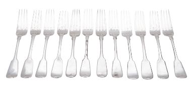 Twelve Fiddle pattern silver table forks, a set of six, by John Round & Son Ltd, Sheffield 1893,