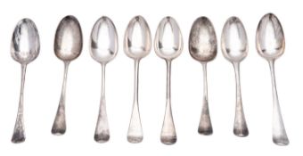 Eight 18th century silver tablespoons, all Hanoverian pattern, with examples by Richard Pargeter,