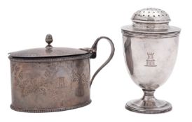 A George III North Country provincial silver mustard pot, of oval form, with bead borders,
