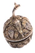 A silvergilt filigree & seed pearl pomander, of apple form,