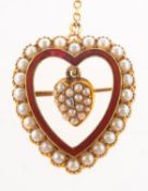 A Victorian pearl, enamel and diamond heart brooch,