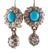 A pair of Victorian diamond and turquoise drop earrings, of bi-metal,