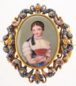 A 19th century portrait miniature and enamel brooch, (converted from a bracelet clasp),