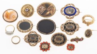 A mixed group of antique brooches and two rings,