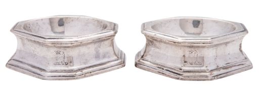 A pair of 18th century continental silver trencher salts, octagonal form, crested,