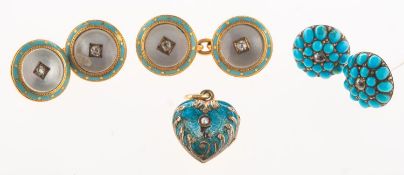A mixed group of antique jewellery, including a Victorian heart shaped locket with scroll detailing,