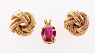 A pair of 9ct gold earrings and a pendant,