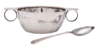 An early 20th century cased silver christening bowl & matching spoon, circular form,