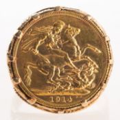 A full sovereign ring, a George V 1914 full sovereign set into a 9ct gold 1970's ring mount,