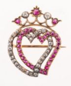 A Victorian diamond and ruby Luckenbooth brooch, two entwined hearts,