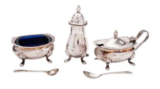 A cased modern silver three-piece silver condiment set,