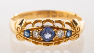 An antique sapphire and diamond five stone ring, grain set with three circular-cut sapphires,