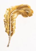 A 1960's 18ct yellow and white gold feather brooch, textured finish, pin and safety catch fitting,