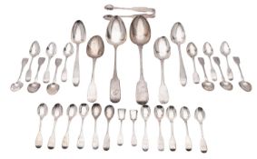Miscellaneous Irish silver flatware, to include 2 basting/ serving spoons, 2 tablespoons,