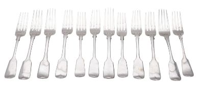 Twelve silver dessert forks, 6 initialled, mixed makers & dates, William IV-Edwardian; 18.