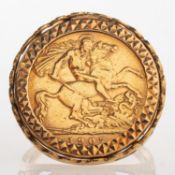 A half sovereign ring, an Edward VII 1907 half sovereign mounted in a ring,
