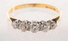 A five stone diamond ring, claw set with five graduated old-cut diamonds, diamonds approx. 0.