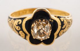 An early Victorian 18ct gold diamond and enamel memento mori ring,