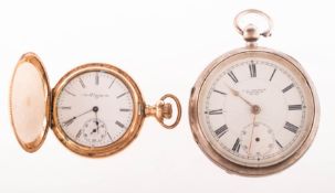 Elgin an engraved gold-plated full hunter pocket watch the dial with black Roman numerals and spade