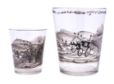 Two Bohemian Schwartzlot beakers each decorated with a similar encircling coaching scene,