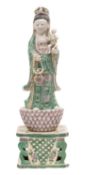 A fine Chinese famille-verte biscuit figure of Guanyin,