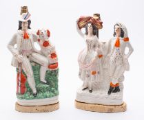 Two Staffordshire pottery 'flat back' groups of a musician and dog and a pair of harvesters,