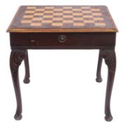 A rosewood and sycamore inlaid chessboard top square games table,
