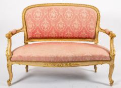 A painted, giltwood and upholstered sett