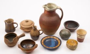 A mixed group of stoneware comprising a large Ray Finch jug, impressed personal seal [chipped],
