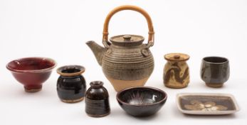 A mixed group of stoneware comprising a John Maltby teapot with impressed personal and Stoneshill