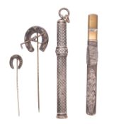 S. Mordan & Co. propelling pencil, together with a pencil holder and two silver horseshoe pins.