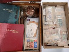 British Commonwealth and GB stamps in wooden box and old cardboard box, with 1d reds,